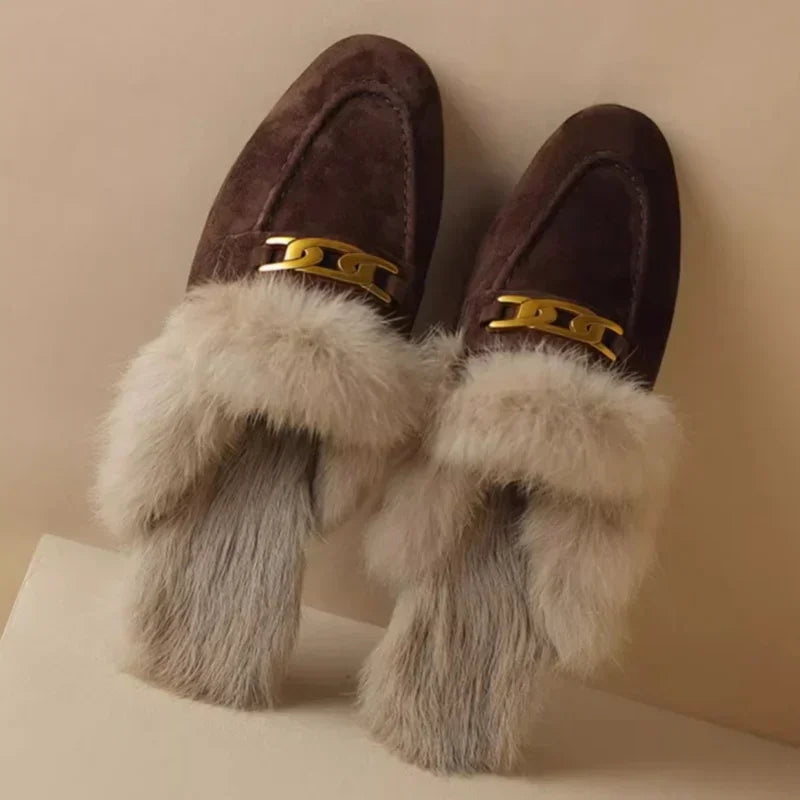 Winter Women Suede Warm Fur Slippers Brand Luxury Mules Flats Shoes