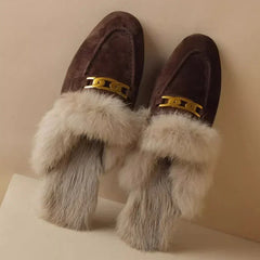 Winter Women Suede Warm Fur Slippers Brand Luxury Mules Flats Shoes
