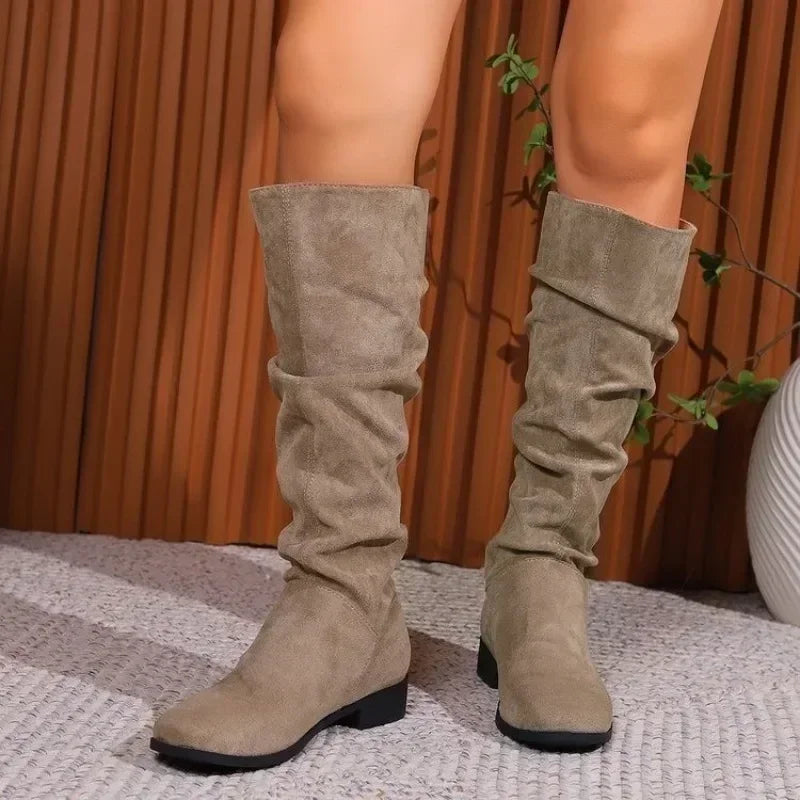 Low-heeled nude pleated suede high boots