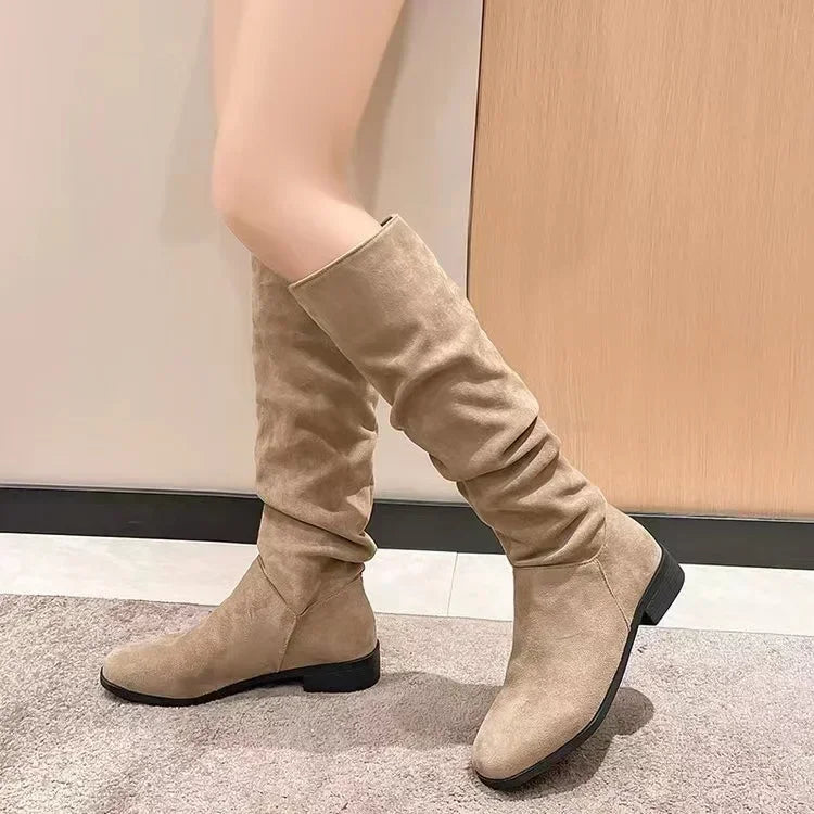 Low-heeled nude pleated suede high boots