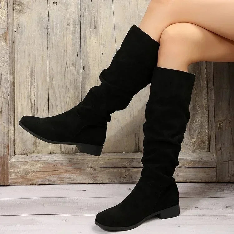 Low-heeled nude pleated suede high boots