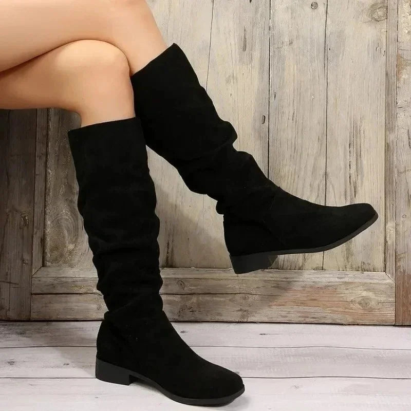 Low-heeled nude pleated suede high boots