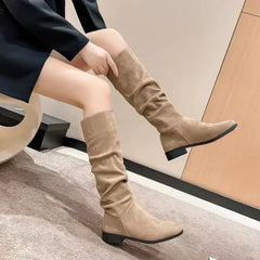 Low-heeled nude pleated suede high boots