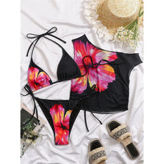With Cover Up Flower Printed Halter Bikini Three-pieces Bikini Set