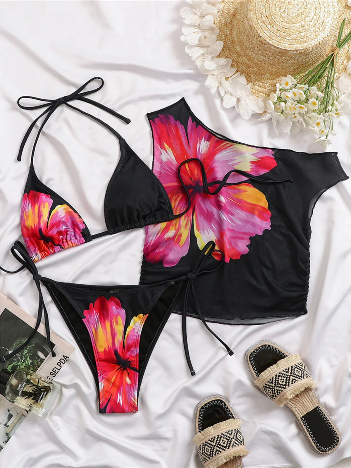 With Cover Up Flower Printed Halter Bikini Three-pieces Bikini Set