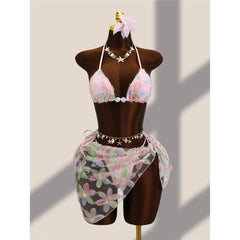 With Sarong Flower Printed Halter Bikini Three-pieces Bikini Set
