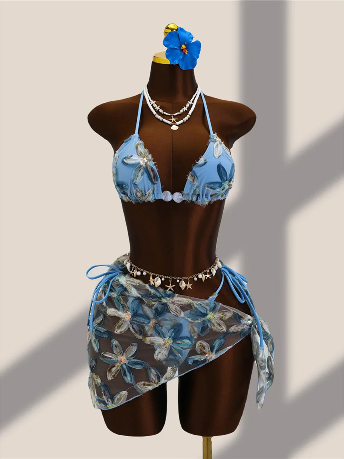 With Sarong Flower Printed Halter Bikini Three-pieces Bikini Set