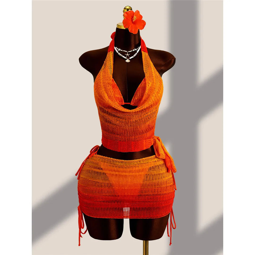 With Cover Up Gradient Halter Bikini Four-pieces Bikini Set