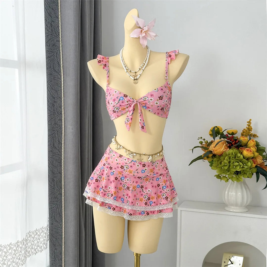 With Floral Flower Bikini Three-pieces Bikini Set