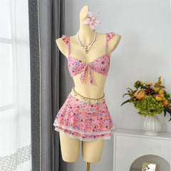 With Floral Flower Bikini Three-pieces Bikini Set