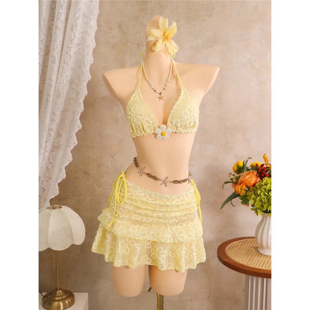 With Flower Printed Halter Bikini Three-pieces Bikini Set