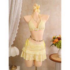 With Flower Printed Halter Bikini Three-pieces Bikini Set