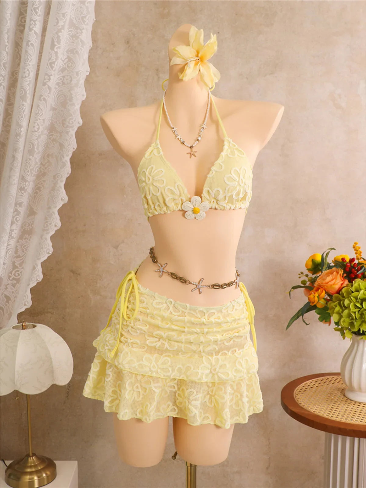 With Flower Printed Halter Bikini Three-pieces Bikini Set