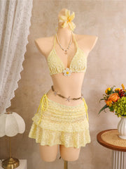 With Flower Printed Halter Bikini Three-pieces Bikini Set