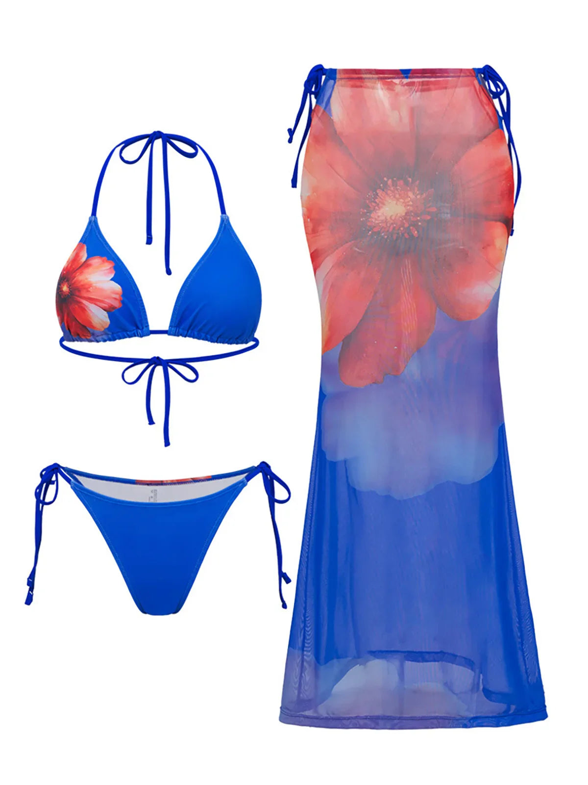 With Flowers Floral Halter Bikini Three-pieces Bikini Set
