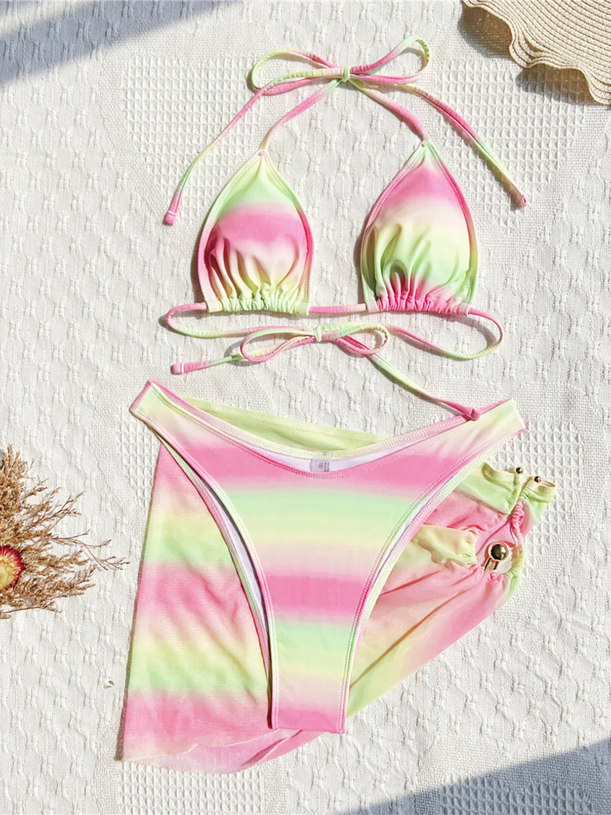 With Gradient Colorful Halter Bikini Three-pieces Bikini Set