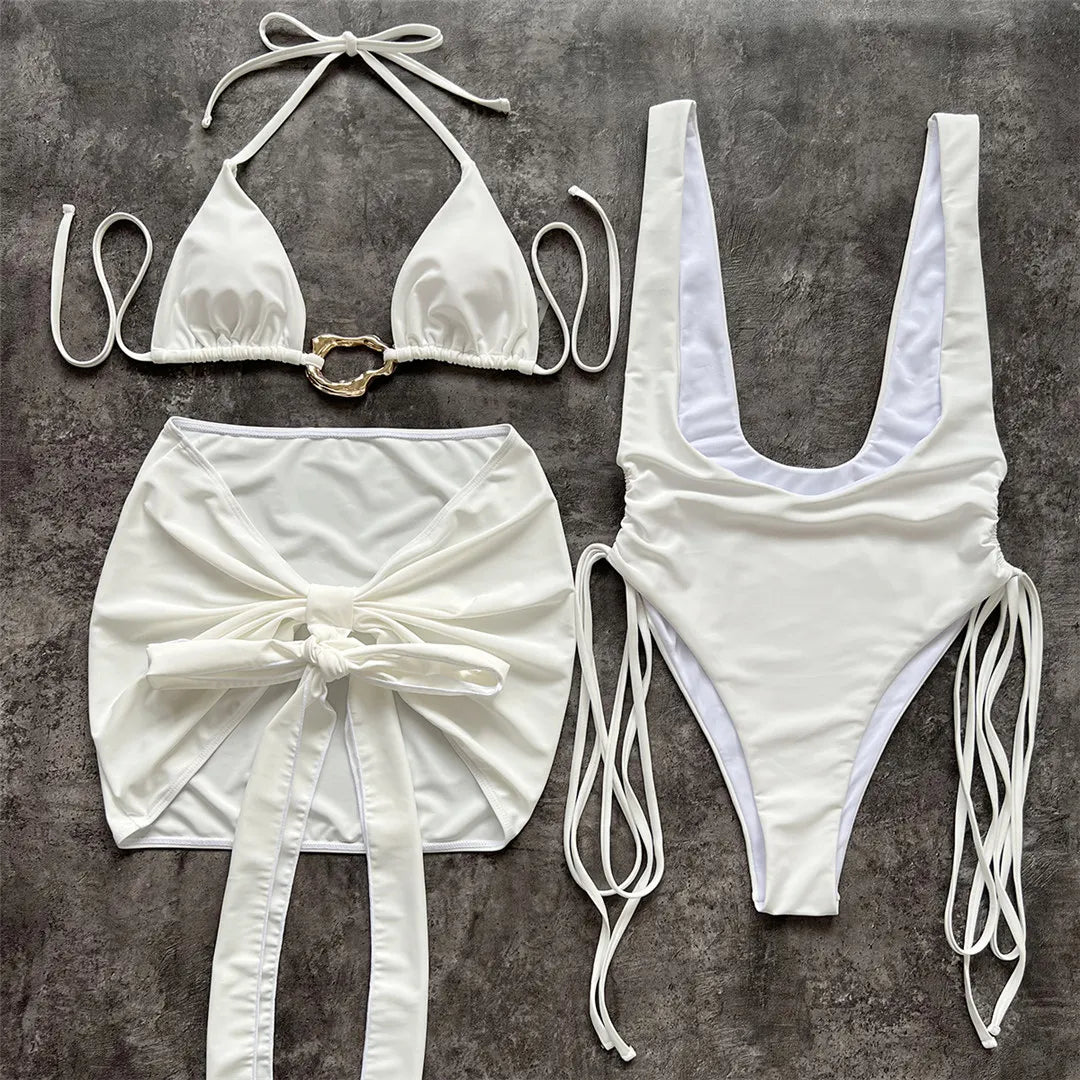 With Halter Metal Ring Bikini Three-pieces Bikini Set