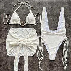 With Halter Metal Ring Bikini Three-pieces Bikini Set