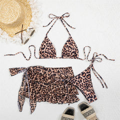 With Leopard Halter Bikini Frilled Three-pieces Bikini Set