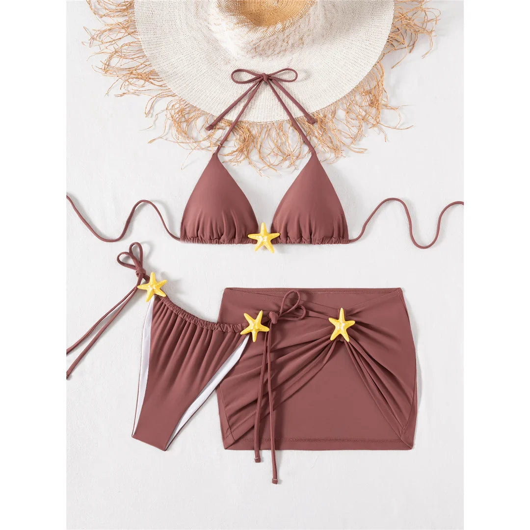With Starfish Halter Bikini Three-pieces Bikini Set
