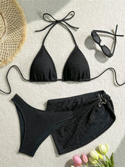 With Wrinkled Crinkled Halter Bikini Three-pieces Bikini Set