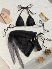 3 Piece Swimsuit Solid Color Mesh Hollow Out Backless Suit Mini Bikinis Sets With Thong Swim