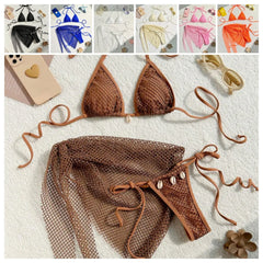 3 Piece Swimsuit Solid Color Mesh Hollow Out Backless Suit Mini Bikinis Sets With Thong Swim