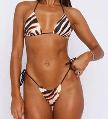Bikini Swimsuits Set Zebra Print Tie-Up Haler Bra And Thongs Swimsuit String Bathing Suit Biquini Sets