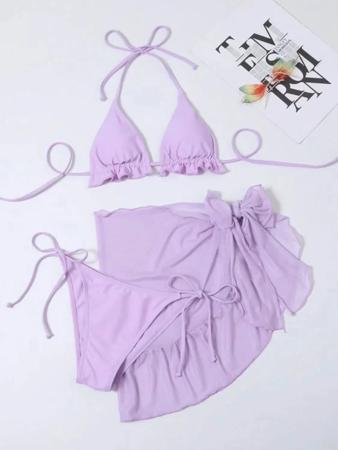 Frech chic bikini Sets three pieces with mesh swimsuit tie halter purple Swimwear bathing suit biquini