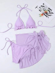 Frech chic bikini Sets three pieces with mesh swimsuit tie halter purple Swimwear bathing suit biquini