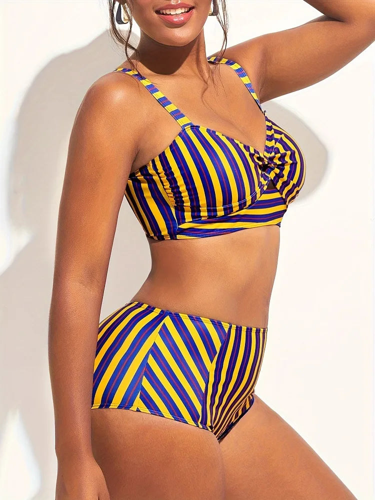 Large Size Strip Print Bikini Sets Corset Swimwear Lingerie Bathing Suit Two Piece Suit