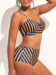 Large Size Strip Print Bikini Sets Corset Swimwear Lingerie Bathing Suit Two Piece Suit
