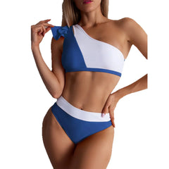 Luxury One-Shoulder Bikini Set High-End Ruffled & Lace Trim Swimsuit Padding Color Block Design & Open Back