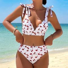 Bikini Set Tropical Print Swimwear Bathing Suit Bow Tie Side Ties Bandage Floral Swimsuit