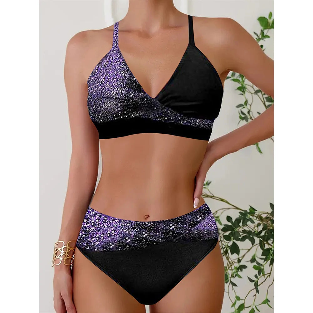 Sparkling Printed Sequins Bikini Set Two-Piece Swimsuit Metallic Sheen Bottom & Top