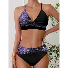 Sparkling Printed Sequins Bikini Set Two-Piece Swimsuit Metallic Sheen Bottom & Top