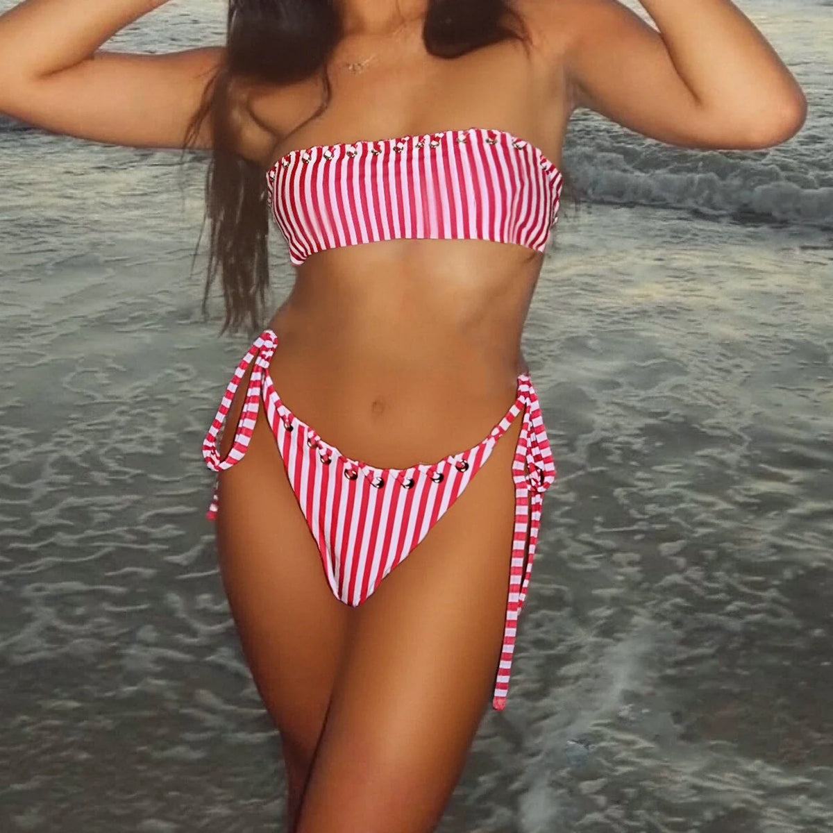 Striped Bikini Set 2 Piece Swimsuit Bathing Suit Strapless Bandeau Bra With Side Tie Thong 2Pcswear Swimwear