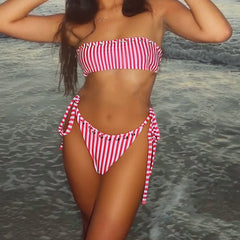 Striped Bikini Set 2 Piece Swimsuit Bathing Suit Strapless Bandeau Bra With Side Tie Thong 2Pcswear Swimwear