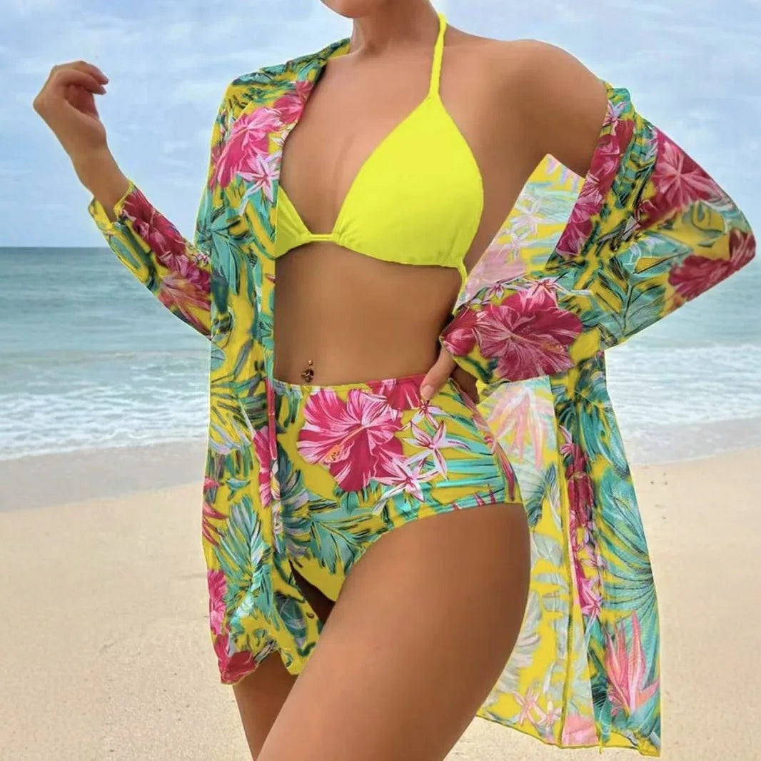 Stylish 3pcs Printed Halter Neck Bikini Set Two-Piece Swimsuit for Floral Shirts Cover Up for Pool