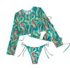 Tie-Front Bikini Set Long Sleeve Cover Up & Panties 3-Piece Slimming Swimwearwear