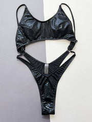 black snake print metallic swimsuit one piece hollow backless Bikini bathing suit biquini