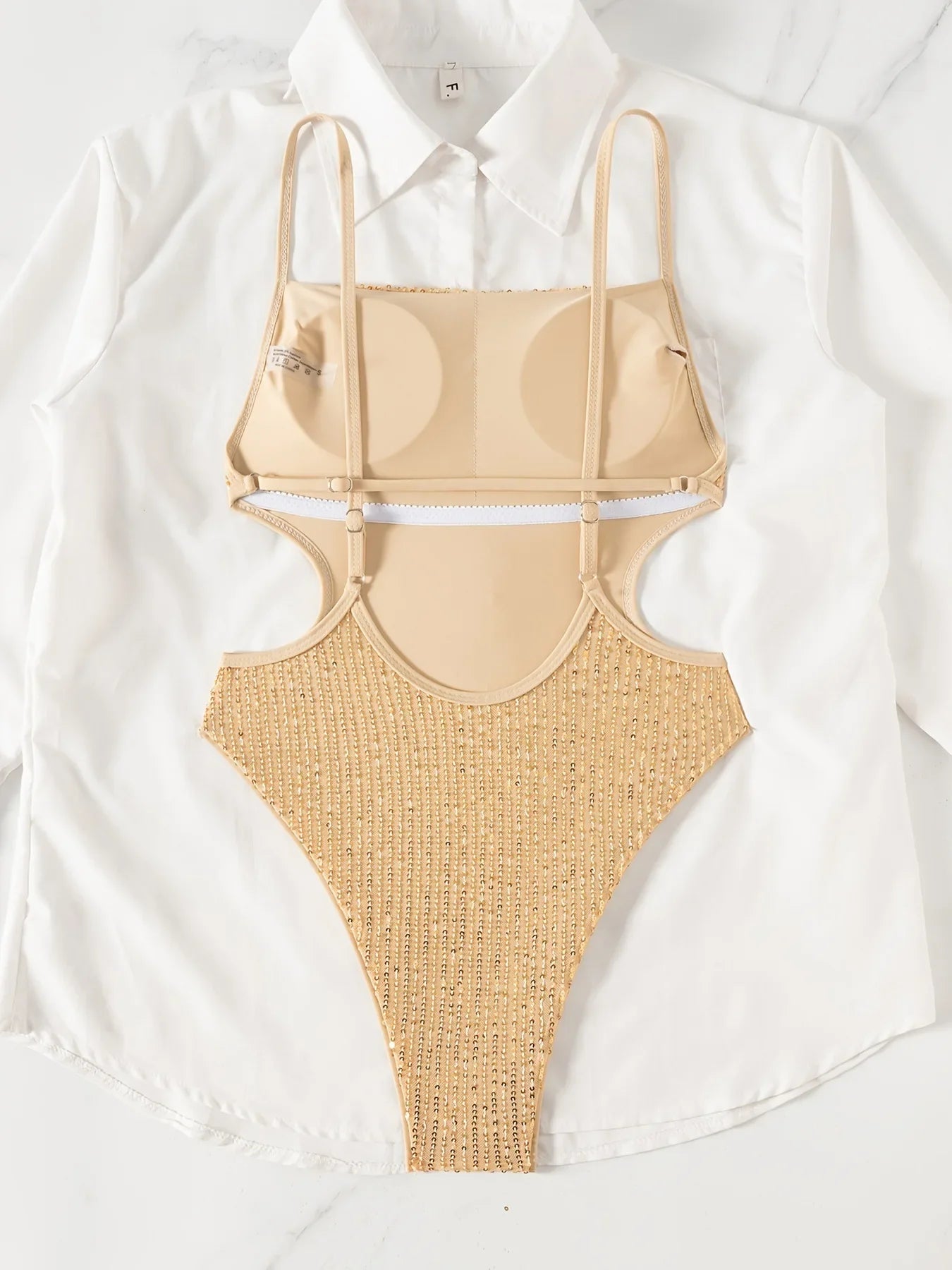 champagne sequin glitter swimsuits one piece hollow backless bikinis Swimwear bathing suit biquini