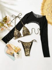 glitter micro mini string bikinis Sets three pieces with long sleeve mesh smock thong swimsuit bathing suit