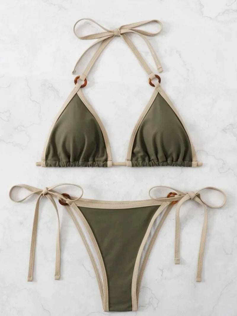green halter micro ring string bikini Sets two pieces tie thong Swimsuit bathing suit biquini