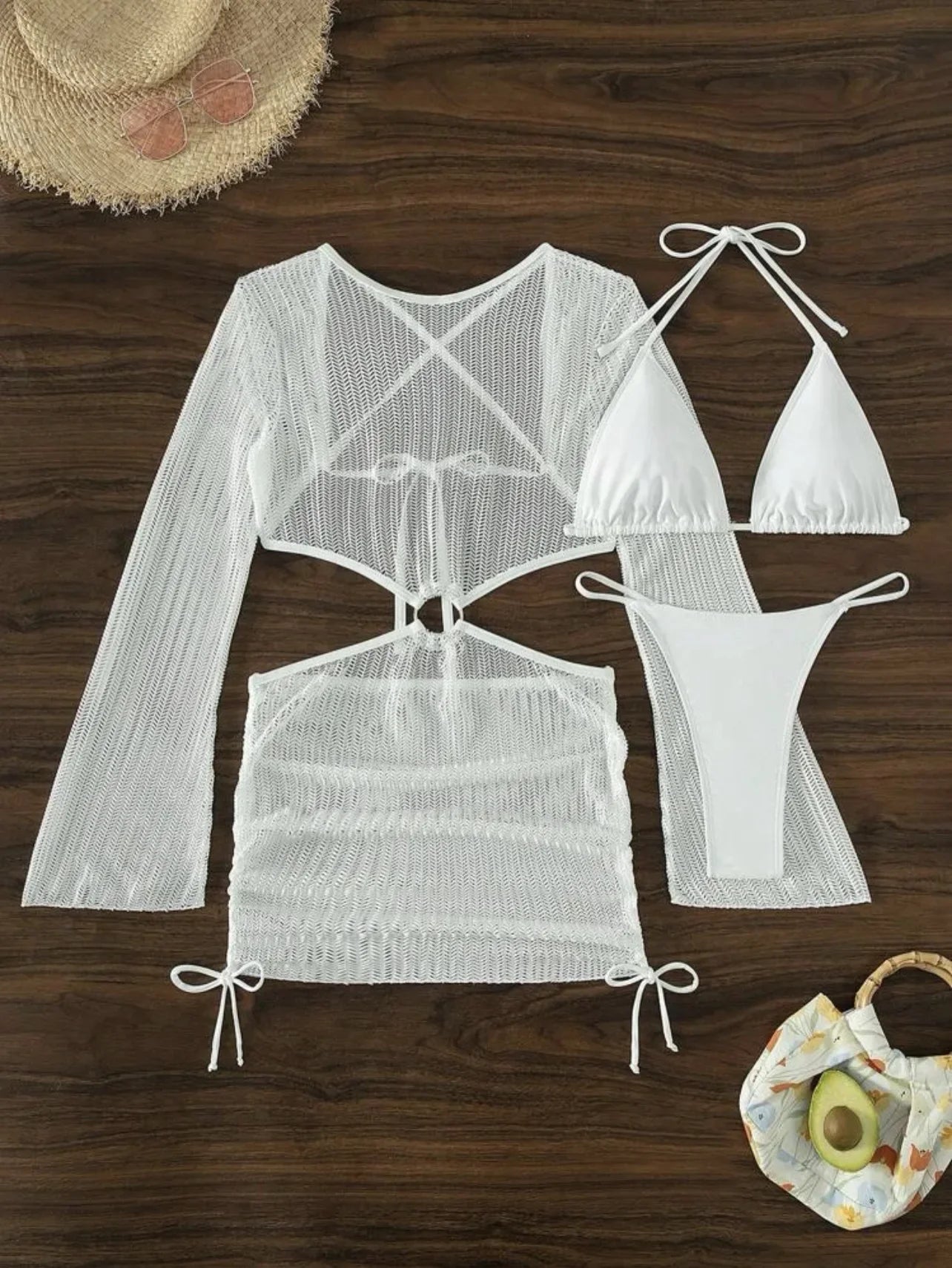 micro mini halter bikinis Sets 3pcs with knitted long sleeve hollow out mini dress swimsuit bathing suit
