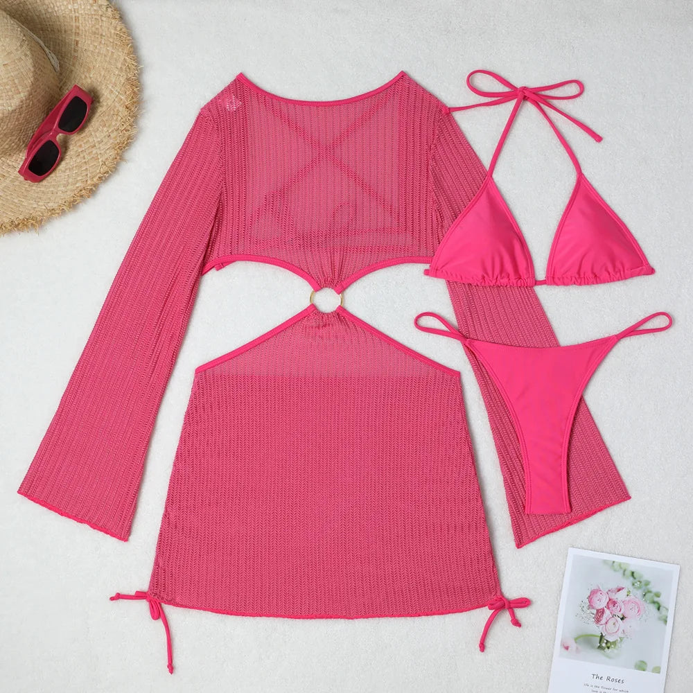 micro mini halter bikinis Sets 3pcs with knitted long sleeve hollow out mini dress swimsuit bathing suit