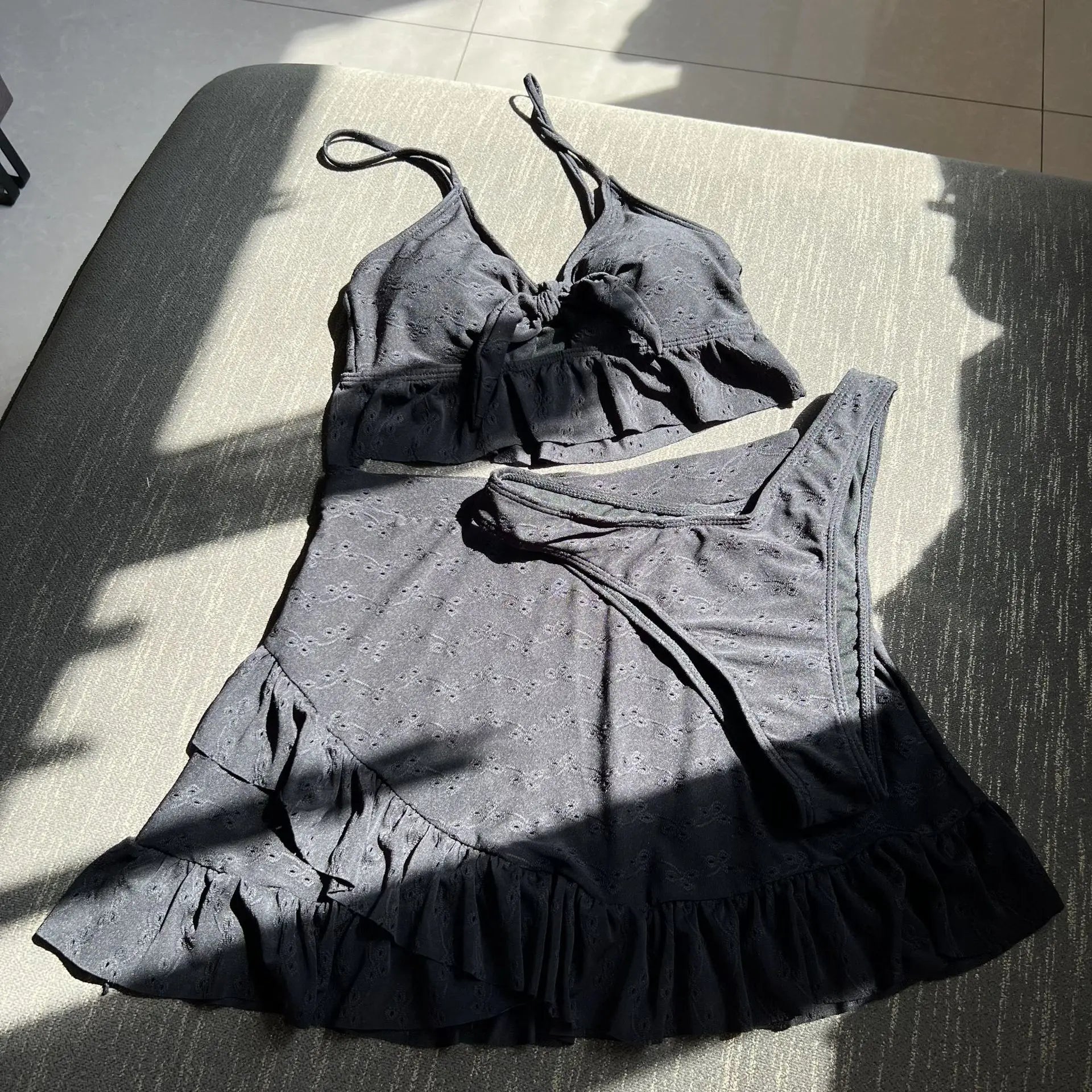 plain front tie bow bikini Sets three pieces with ruffles mini swimsuit bathing suit