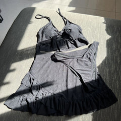 plain front tie bow bikini Sets three pieces with ruffles mini swimsuit bathing suit
