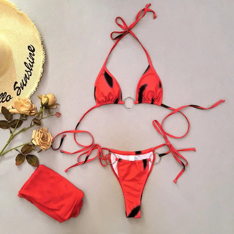 red tie dye print ring mini string bikini Sets 3pcs with long mesh cover swimsuit bathing suit biquini