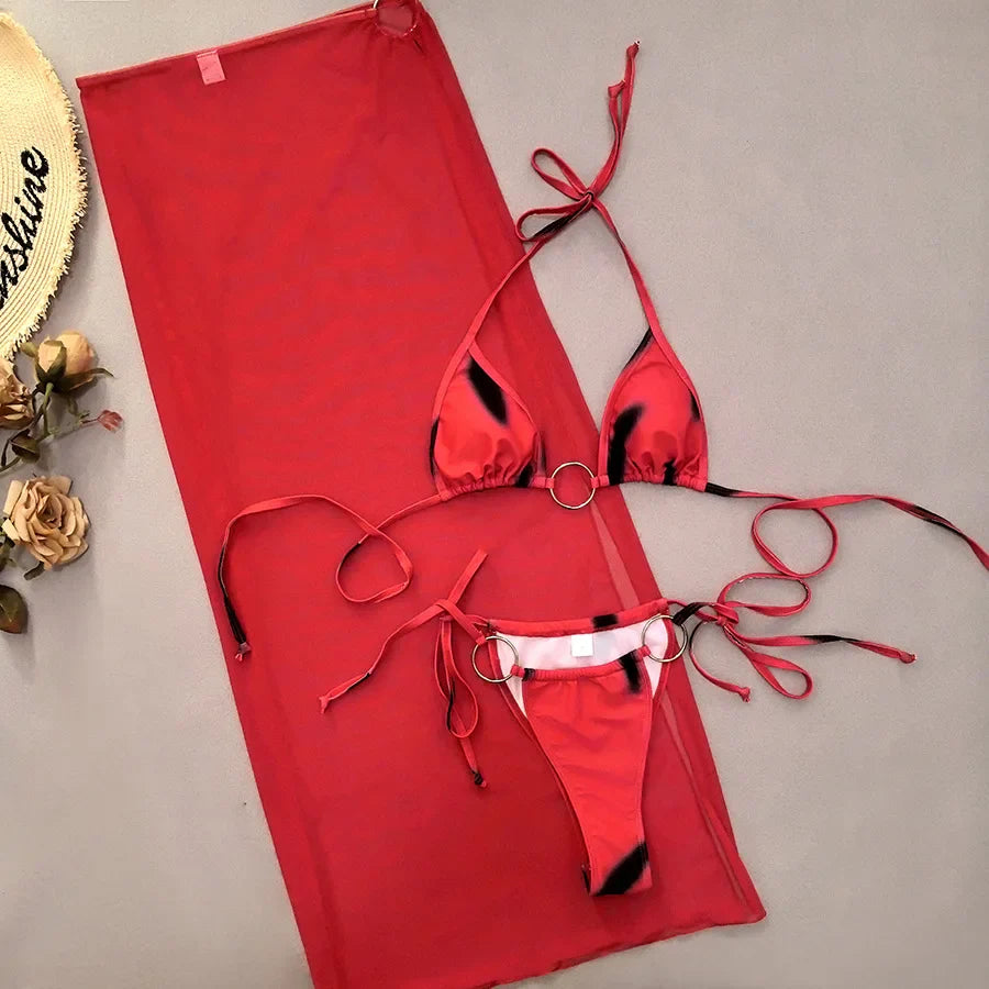 red tie dye print ring mini string bikini Sets 3pcs with long mesh cover swimsuit bathing suit biquini